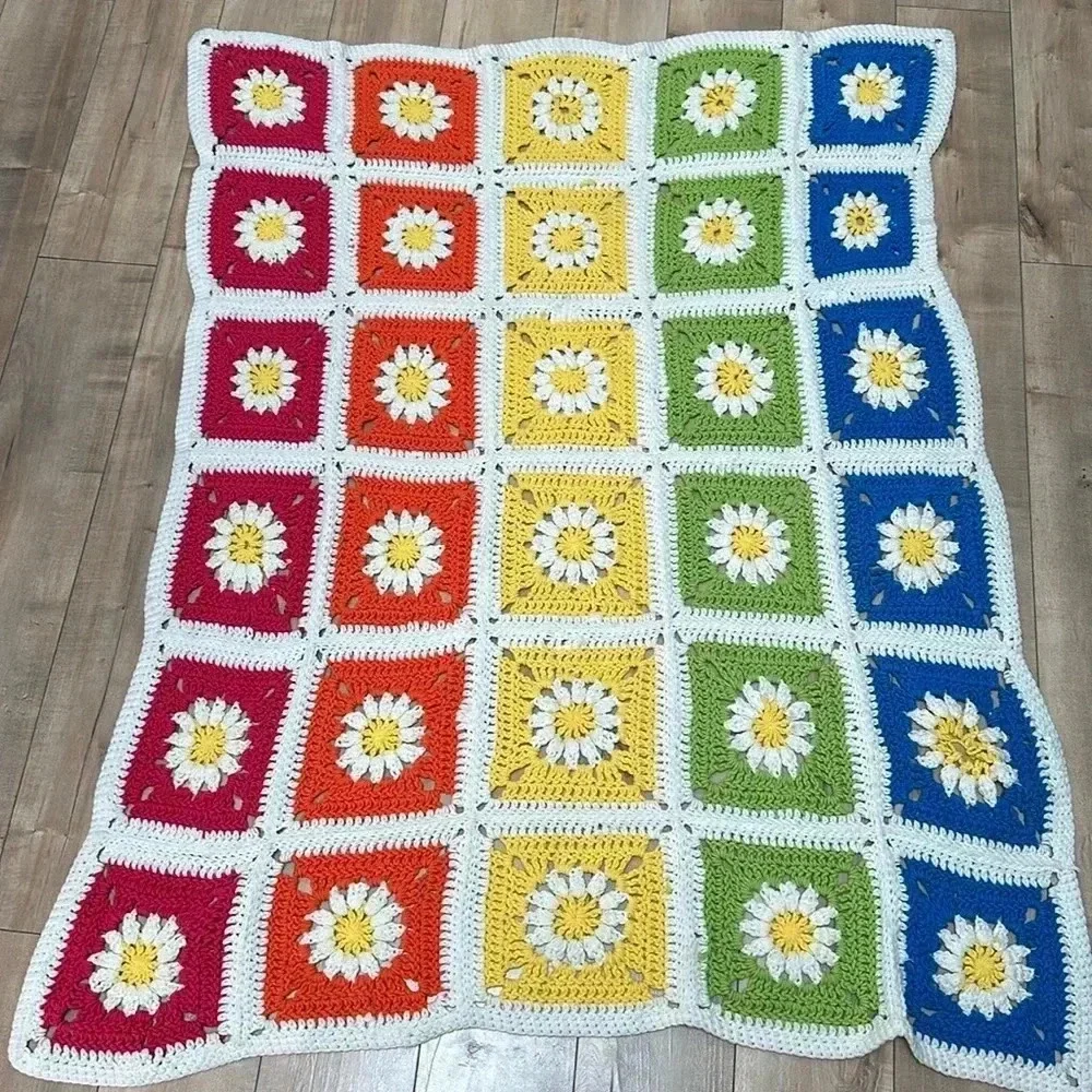 Vintage Floral Granny Square Crochet Hand Knit Throw Blanket Retro Colorful